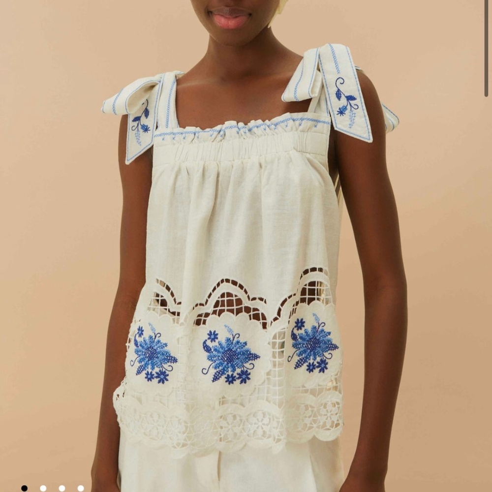 Farm Rio Embroidered Tie-Shoulder Eyelet Top – Size S